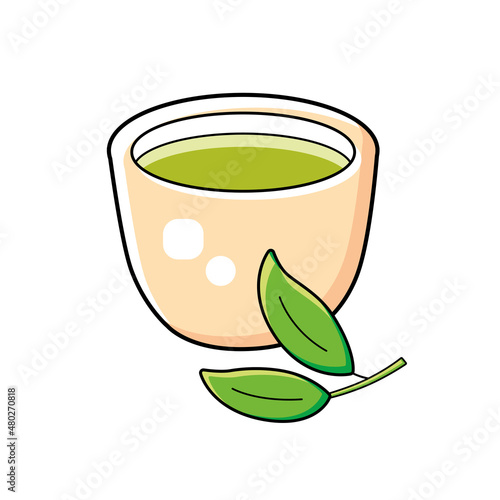 Chinese or Japanese green tea cup and tea branch with two leaves isolated cartoon vector