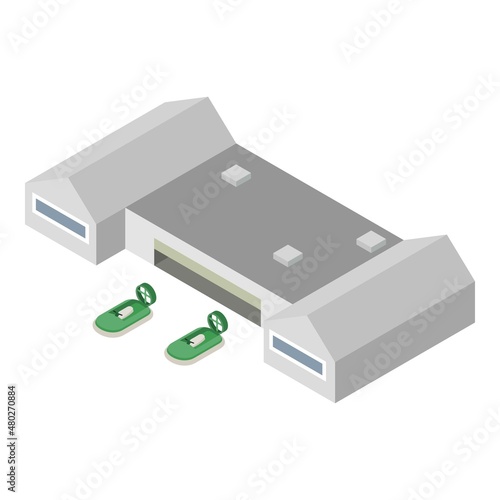 Hover craft icon isometric vector. Two modern green hovercraft near pavilion. Air cushion boat, hovercraft, water sport
