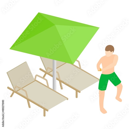 Beach vacation icon isometric vector. Man near chaise longue and sun umbrella. Vacation and travel concept, summer time
