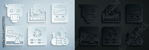 Set Pie chart infographic, Website with growth, Failure stocks market, Financial and coin, Stocks graphs and Bull icon. Vector
