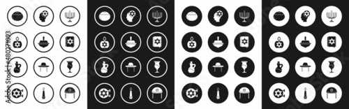 Set Hanukkah menorah, dreidel, Burning candle, Jewish sweet bakery, torah book, Orthodox jewish hat, goblet and Bottle of olive oil icon. Vector