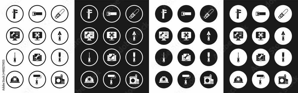 Set Chainsaw, Location with wrench, Computer monitor service, Calliper caliper and scale, Trowel, Hand, Rasp metal file and Screwdriver icon. Vector Set Chainsaw, Location with wrench, Computer monitor service, Calliper caliper and scale, Trowel, Hand, Rasp metal file and Screwdriver icon. Vector