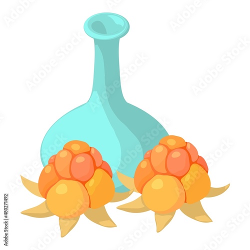 Cloudberry drink icon isometric vector. Empty decanter and juicy cloudberry icon. Natural ingredient, healthy food, vegan drink