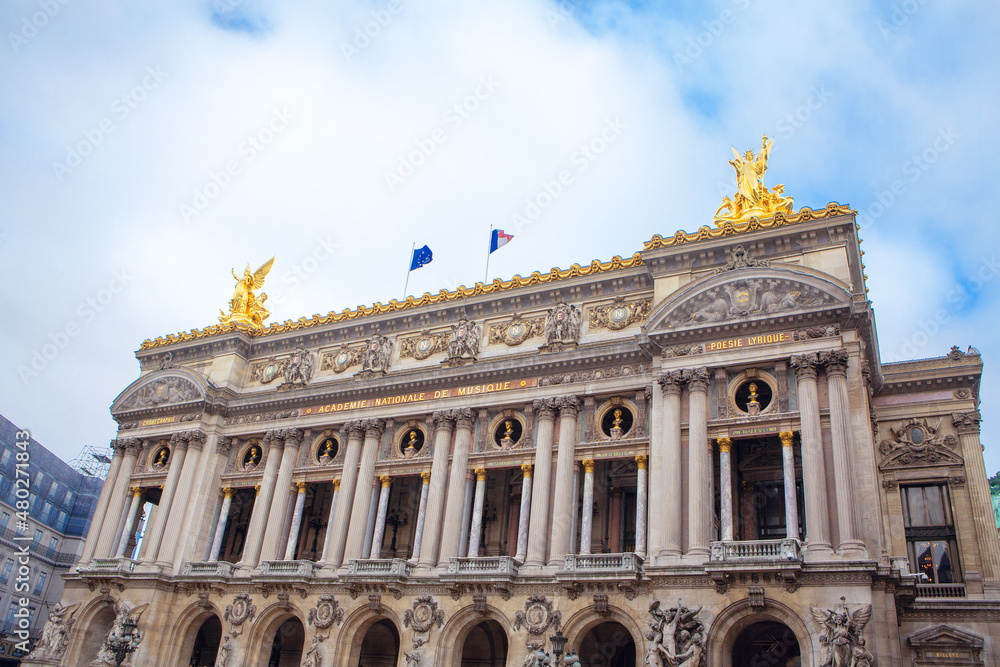 19th century theater art architecture . Facade of Opera Garnier in Paris 