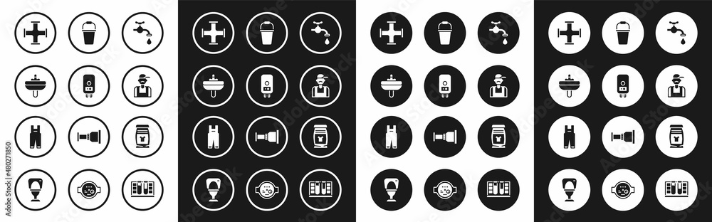 Set Water tap, Electric boiler, Washbasin, Industry metallic pipe, Plumber, Bucket, Laundry detergent and Work overalls icon. Vector