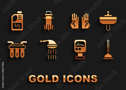 Set Shower, Washbasin, Rubber plunger, Pressure water meter, Water filter, gloves, Drain cleaner bottle and icon. Vector