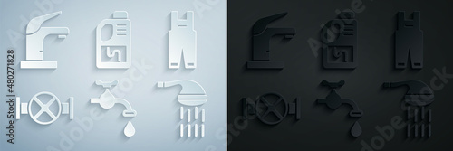 Set Water tap, Work overalls, Industry pipe and valve, Shower, Drain cleaner bottle and icon. Vector