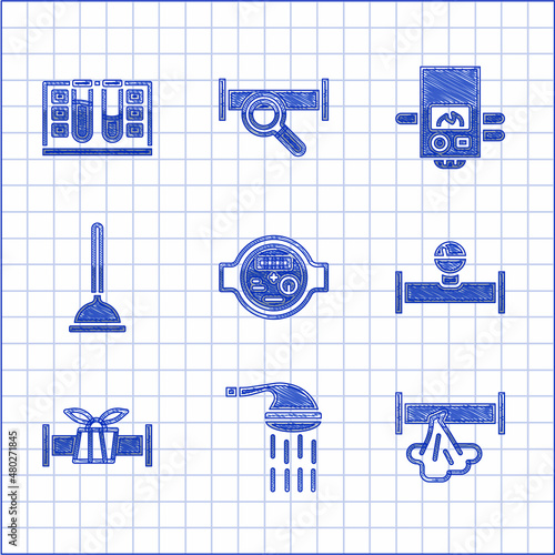 Set Water meter, Shower, Broken pipe, Industry and manometer, metallic, Rubber plunger, Gas boiler and Test tube with water drop icon. Vector
