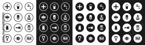 Set Water tap, Electric boiler, Washbasin, Industry metallic pipe, Plumber, Bucket, Laundry detergent and Work overalls icon. Vector