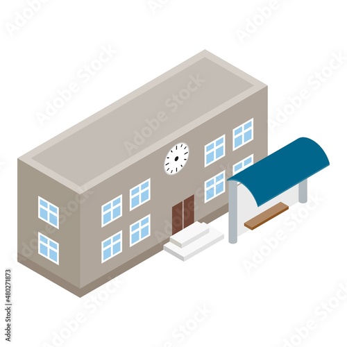 School building icon isometric vector. Bus stop near modern school icon. Two story education building, schoolhouse, social infrastructure
