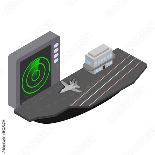 Aircraft carrier icon isometric vector. Military ship with fighter aircraft icon. Warship, navy, water transport, modern technology, green military radar