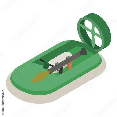 Hovercraft icon isometric vector. Military hovercraft with grenade launcher icon. Modern green military rescue boat, water transport, portable rocket launcher, anti tank rocket grenade gun