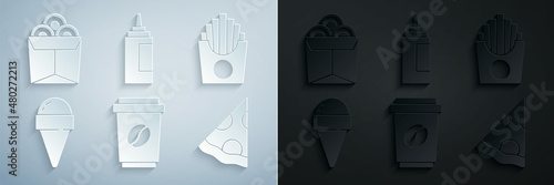 Set Coffee cup to go, Potatoes french fries in box, Ice cream waffle cone, Slice pizza, Sauce bottle and Noodles icon. Vector