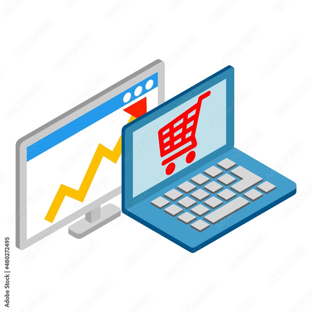 Marketing concept icon isometric vector. Shop cart on laptop screen, growth chart. Digital marketing, online shopping, business concept Marketing concept icon isometric vector. Shop cart on laptop screen, growth chart. Digital marketing, online shopping, business concept