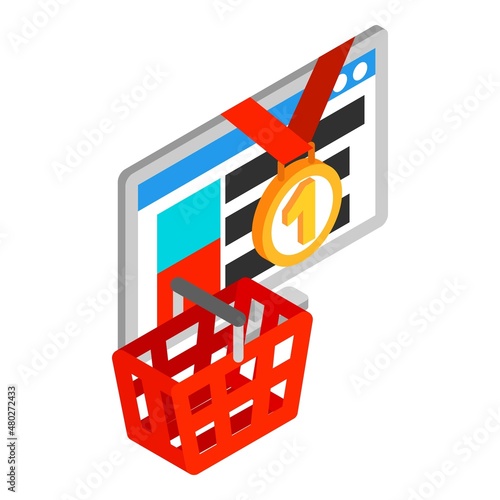 Product evaluation icon isometric vector. Number one medal and shopping basket. Online shopping, customer choice, commerce, promotion, product rating