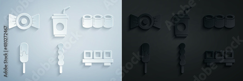 Set Lollipop, Sushi, Ice cream, on cutting board, Paper glass with straw and Candy icon. Vector