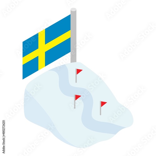 Ski track icon isometric vector. Snow covered slope with ski trace, sweden flag. Winter leisure, hobby, active recreation, extreme sport