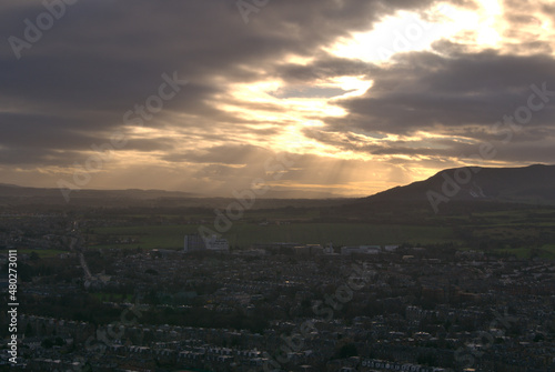 Arthur's Seat at Hollyrood Park. Beautiful sunrays piercing the clouds