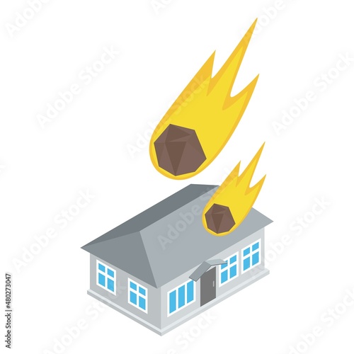 Falling meteorite icon isometric vector. Burning meteorite falling on building. Meteor rain, astronomical phenomenon, armageddon