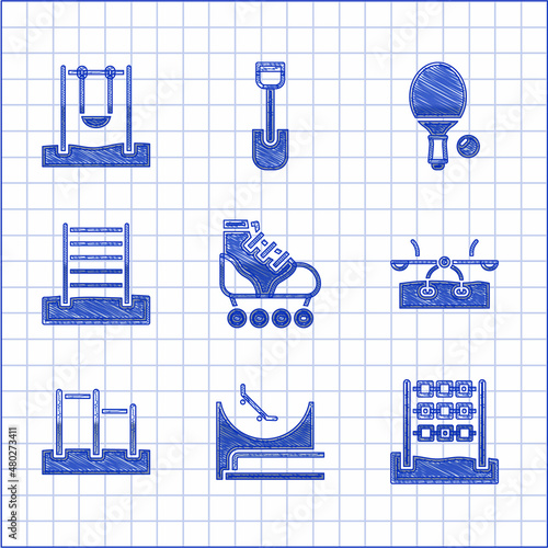 Set Roller skate, Skate park, Tic tac toe game, Seesaw, Horizontal bar, Swedish wall, Racket and ball and Swing icon. Vector