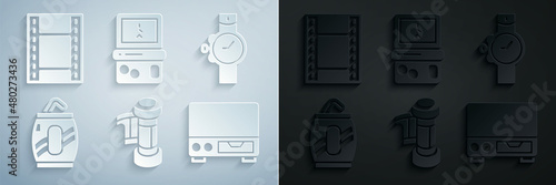 Set Camera roll cartridge, Wrist watch, Soda can with straw, Old video cassette player, Tetris and Play Video icon. Vector