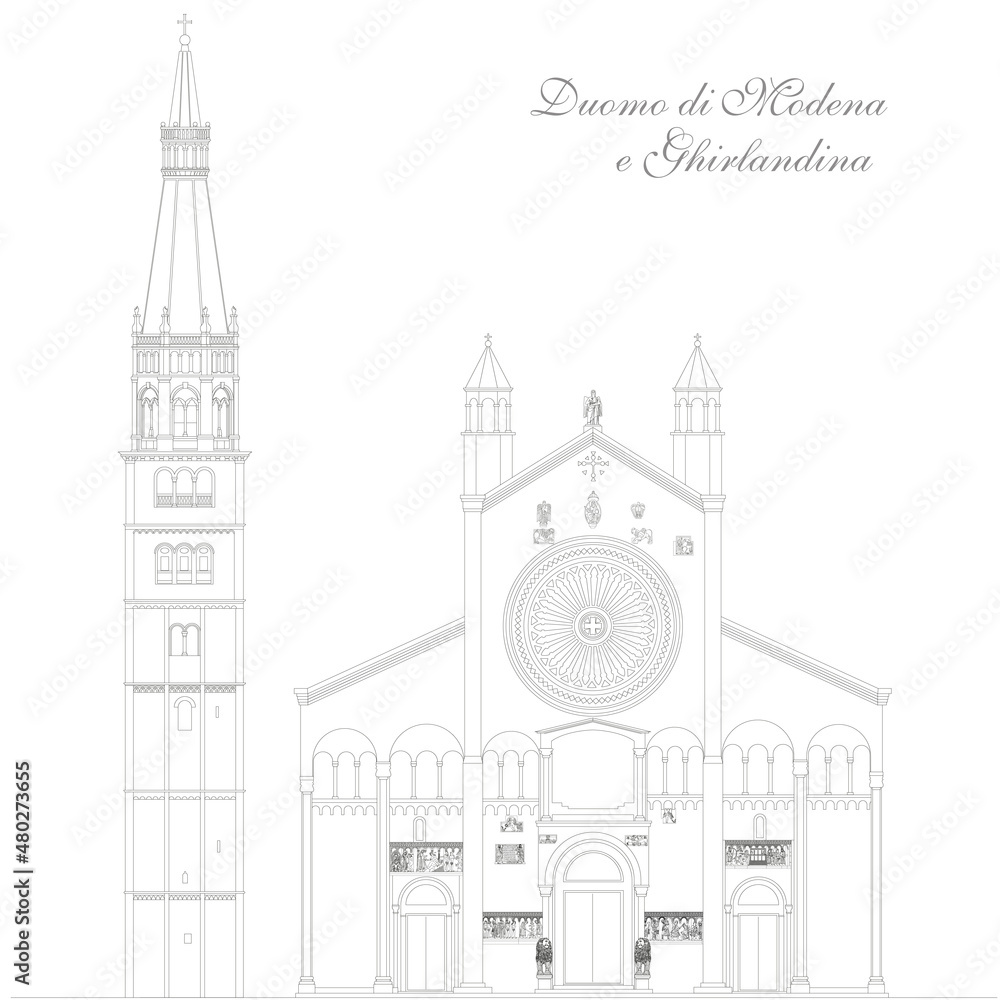 Modena, Italy, the cathedral and the tower ghirlandina (garland), graphic illustration outline