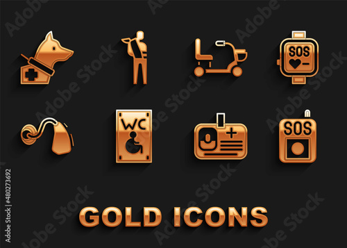 Set Separated toilet for disabled, Smart watch, Press the SOS button, Identification badge, Hearing aid, Electric wheelchair, Guide dog and Human broken arm icon. Vector