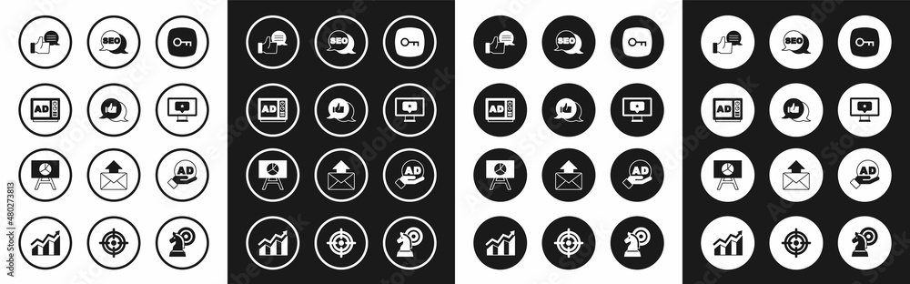 Set Key, Customer product rating, Advertising, Monitor with star, SEO optimization, and Board graph chart icon. Vector Set Key, Customer product rating, Advertising, Monitor with star, SEO optimization, and Board graph chart icon. Vector