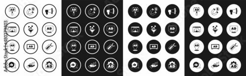 Set Megaphone, Lead management, Website statistic, Advertising, Magnet with money, SEO optimization and icon. Vector