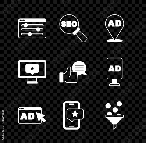 Set Browser setting, SEO optimization, Advertising, Mobile with review rating, Lead management, Monitor star and Customer product icon. Vector