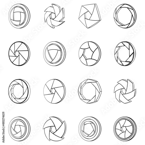 Camera aperture icons set in outline style isolated on white background