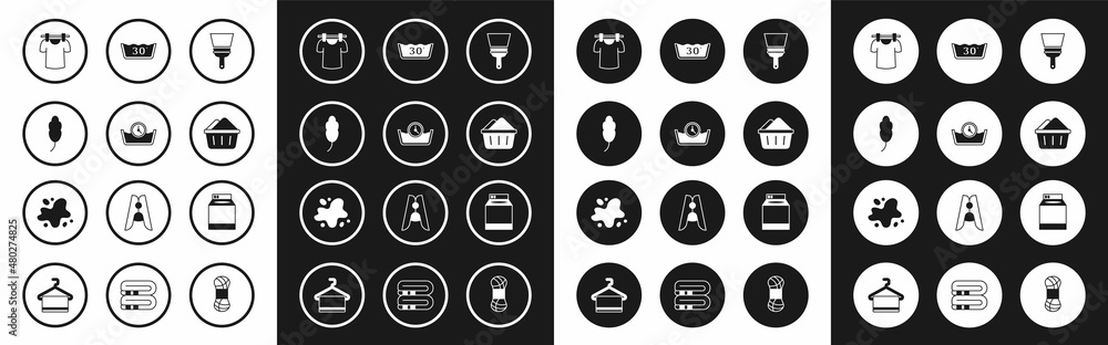 Set Rubber cleaner for windows, Time wash, Feather, Drying clothes, Basin with soap suds, Temperature, Washer and Water spill icon. Vector Set Rubber cleaner for windows, Time wash, Feather, Drying clothes, Basin with soap suds, Temperature, Washer and Water spill icon. Vector