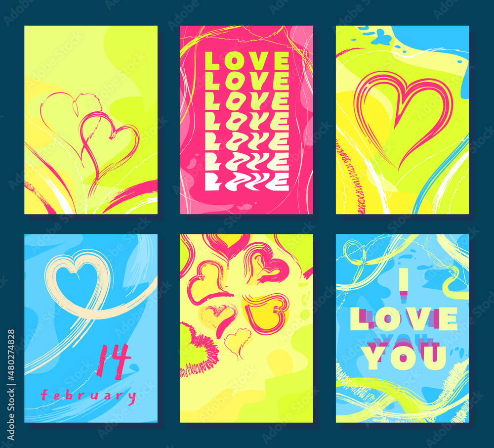 Set of 6 colorful hand drawn Happy Valentine's Day cards with paint strokes and liquid text. Space for text. Vector format