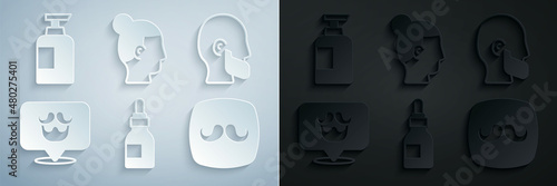 Set Oil bottle, Mustache and beard, Barbershop, Hairstyle for men and Bottle of shampoo icon. Vector
