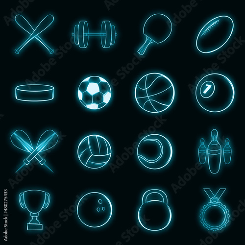 Sport set icons in neon style isolated on a black background