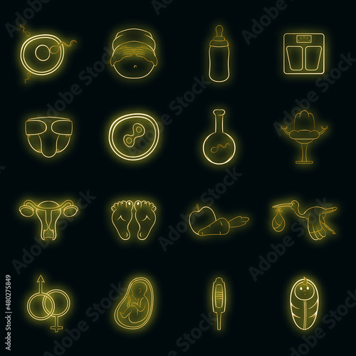 New born baby set icons in neon style isolated on a black background