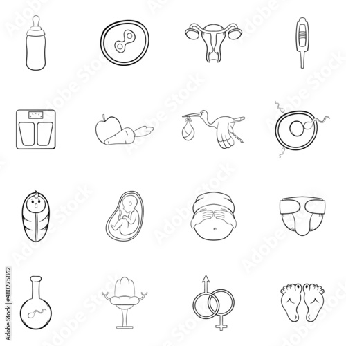 New born baby icons set in outline style isolated on white background