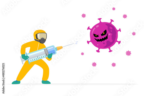 Doctor in hazmat suit holding vaccine syringe fight Against Covid-19 to prevent from spreading. Corona virus prevention concept illustration