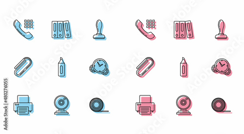 Set line Printer, Web camera, Telephone handset, Scotch, Marker pen, Time Management, Paper clip and Office folders with papers documents icon. Vector
