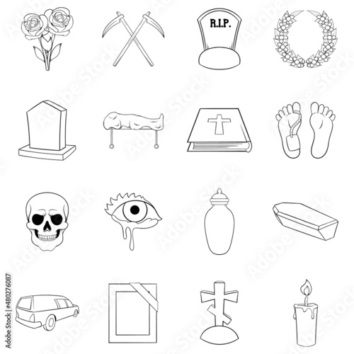 Funeral Icons set in outline style isolated on white background