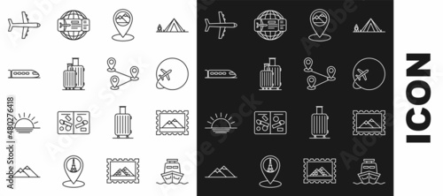 Set line Ship, Postal stamp and Mountains, Globe with flying plane, Map pointer mountain, Suitcase for travel, Train, Plane and Route location icon. Vector