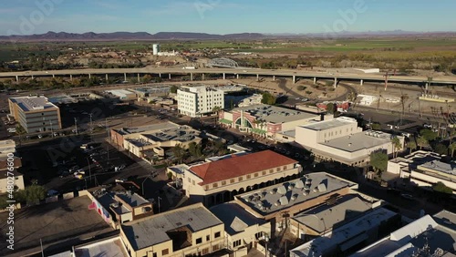 Sunset aerial view of the downtown cityscape of Yuma, Arizona, USA.