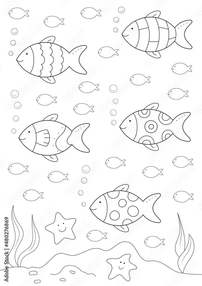coloring sheet for kids with a group of fish swimming in the ocean, cartoon starfish and more. you can print it on standard A4 paper. vertical orientation