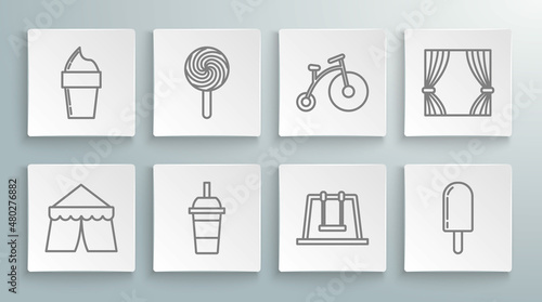 Set line Circus tent, Lollipop, Paper glass with drinking straw and water, Swing, Ice cream, Vintage bicycle one big wheel one small, Curtain and waffle cone icon. Vector