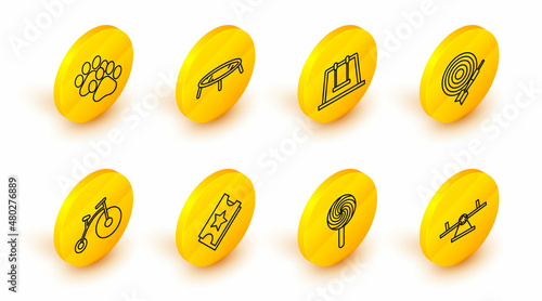 Set line Seesaw, Lollipop, Ticket, Vintage bicycle with one big wheel and one small, Classic dart board arrow, Swing, Jumping trampoline and Paw print icon. Vector