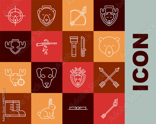 Set line Flame arrow, Crossed arrows, Bear head, Bow and fire, Gun shooting, Moose horns on shield, Hunt bear with crosshairs and Flashlight knife icon. Vector