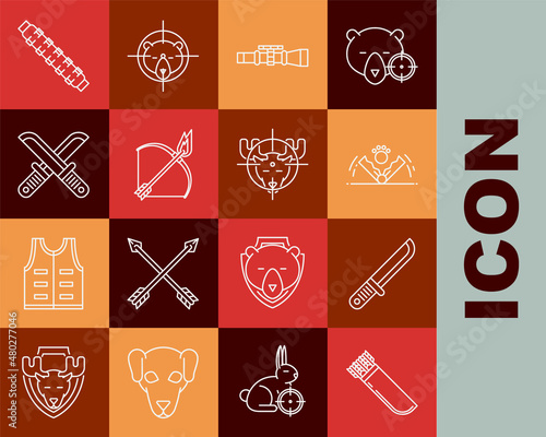 Set line Quiver with arrows, Hunter knife, Trap hunting, Sniper optical sight, Bow and fire, Crossed hunter, Hunting cartridge belt cartridges and on moose crosshairs icon. Vector