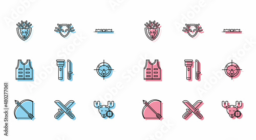 Set line Bow and arrow in quiver, Crossed hunter knife, Deer head with antlers on shield, Hunt moose crosshairs, Flashlight, bear, Hunting jacket and icon. Vector