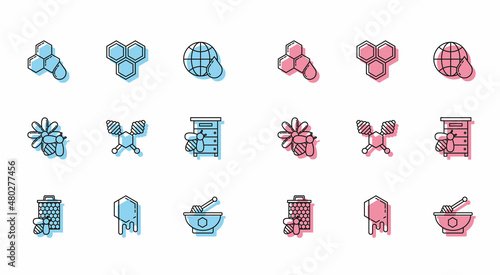 Set line Bee and honeycomb, Honeycomb, dipper stick bowl, Hive for bees, flower and icon. Vector