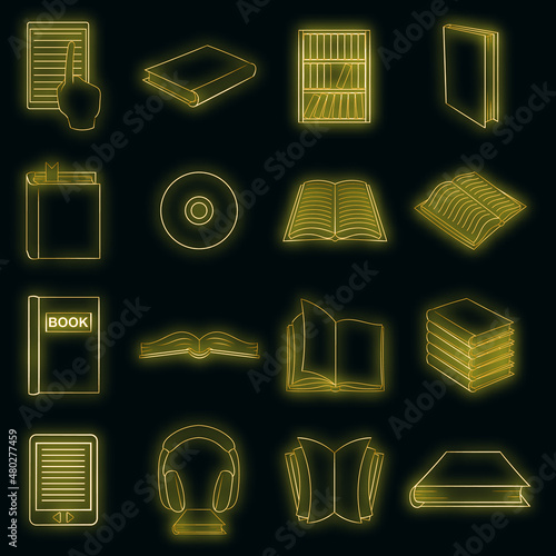 Books icons set in neon style. Library elements set collection vector illustration